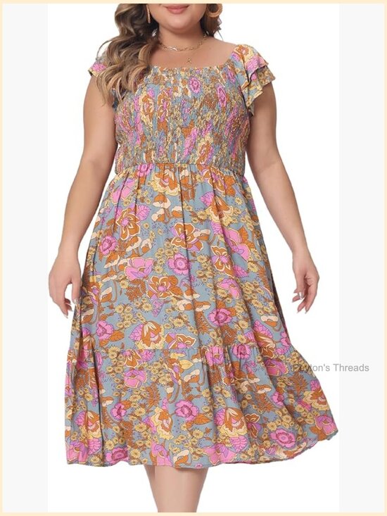 Dresses & Skirts - Plus Size Square Neck Flutter Sleeve Smocked High Waist Flowy Midi Dress